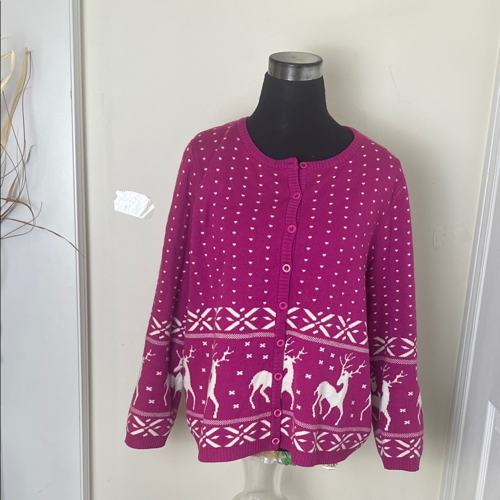 Vintage Christmas Tradition Unique Pink Knit Reindeer Cardigan Size Large